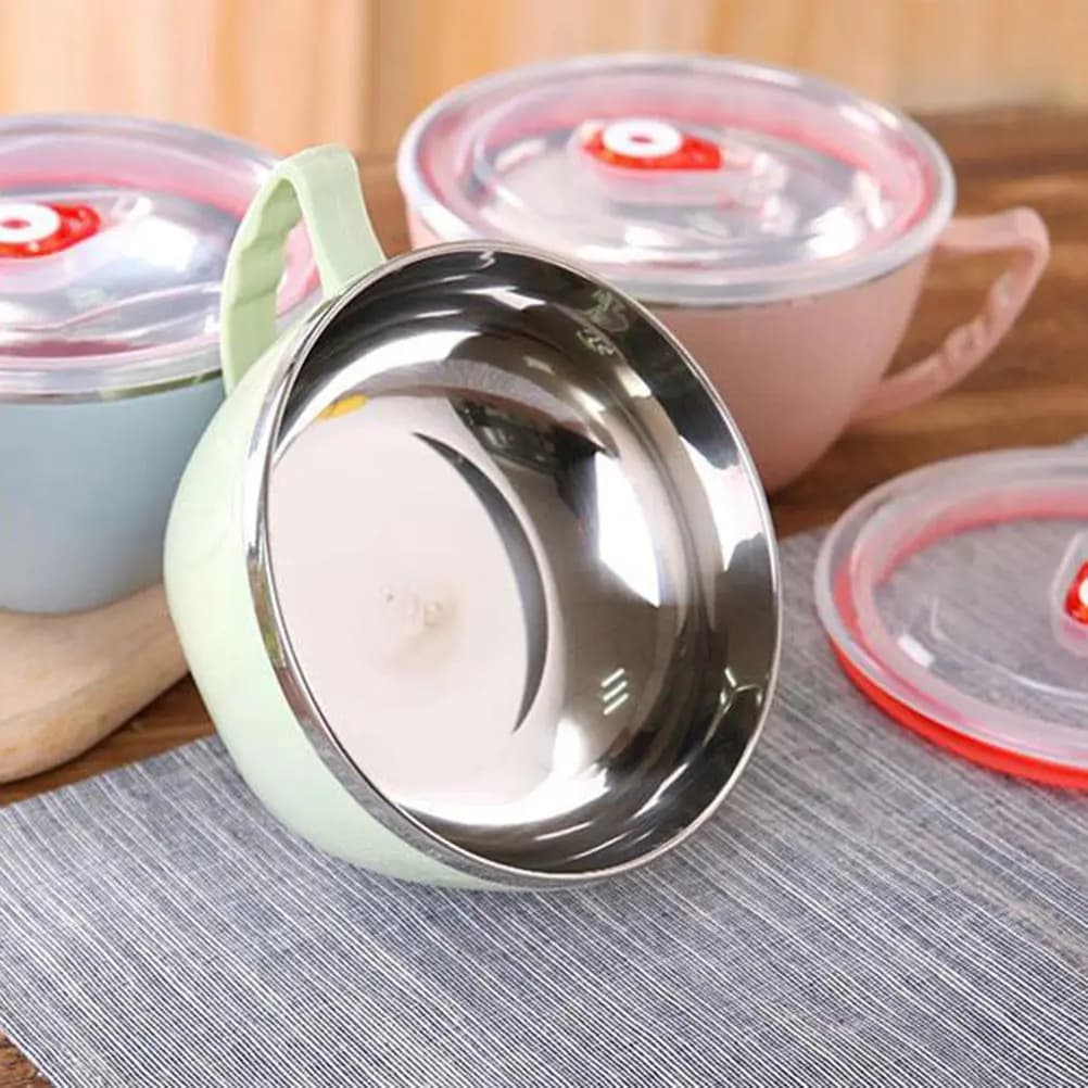 Ciotola per Noodle in Acciaio Inox con Manico Verde e Coperchio, Contenitore Termico per Alimenti, Resistente al Calore, per Zuppe, Pasta, Insalata e Snack