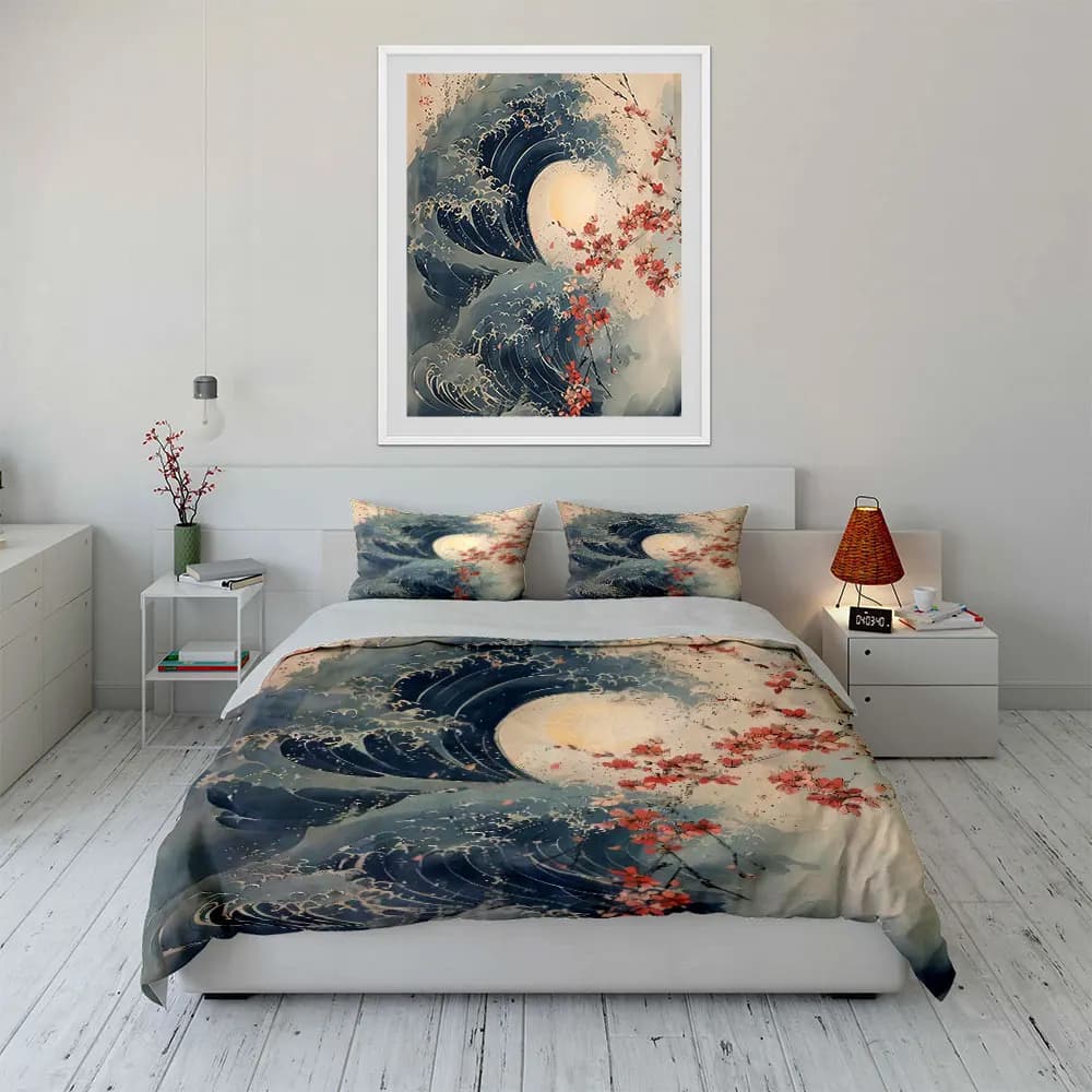 Ocean Waves and Blossom Decor Bedding Set with 1 Duvet Cover 2 Pillowcases Single Double King Queen, Gift