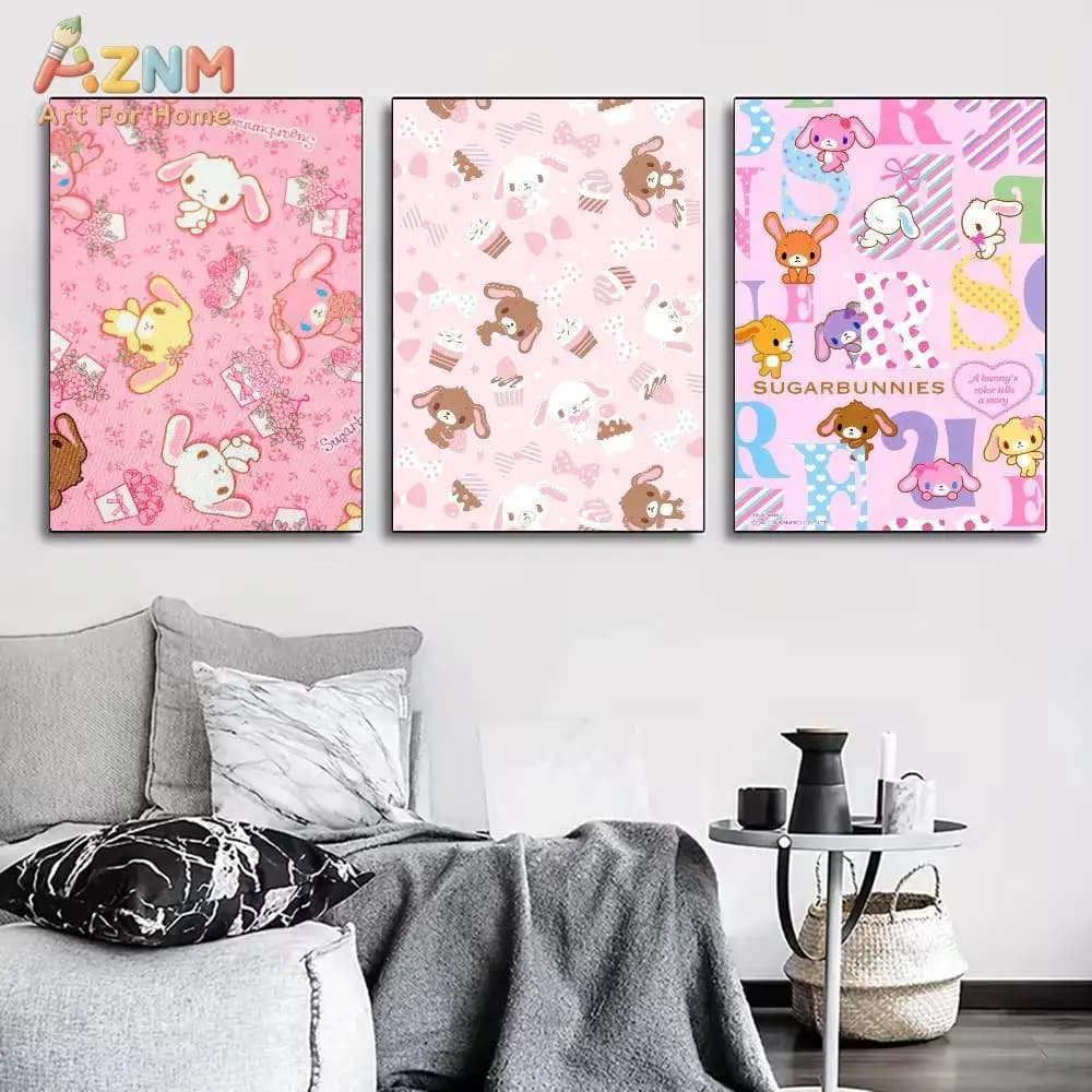 AZNM Sugarbunnies Cute Bunny Pattern Canvas Wall Art Print, Kawaii Sanrio Pastel Pink Bunny Poster for Girls Bedroom Nursery Hom
