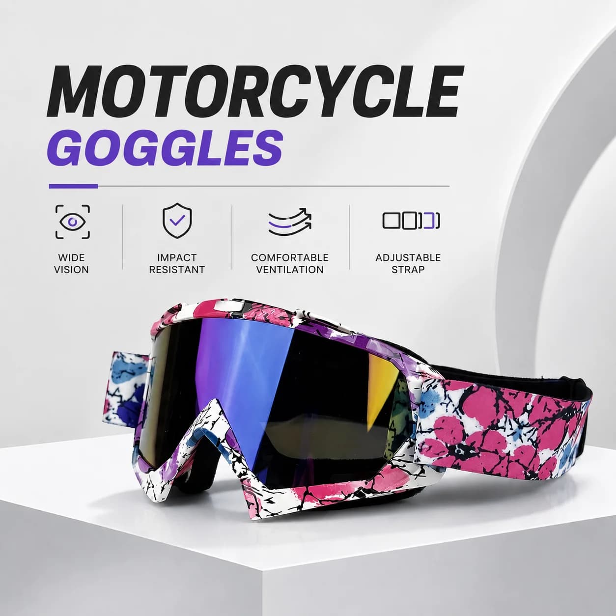 Water transfer printing design unisex motorcycle goggles, windproof riding glasses, suitable for motocross, mountain biking, ski