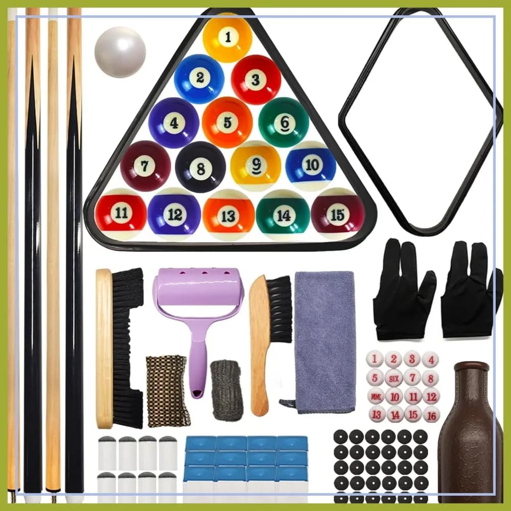Set di 95 Accessori per Biliardo - Biglie, Triangolo, Stecca, Gesso, Punte, Adesivi, Panno, Spazzola e Detergente