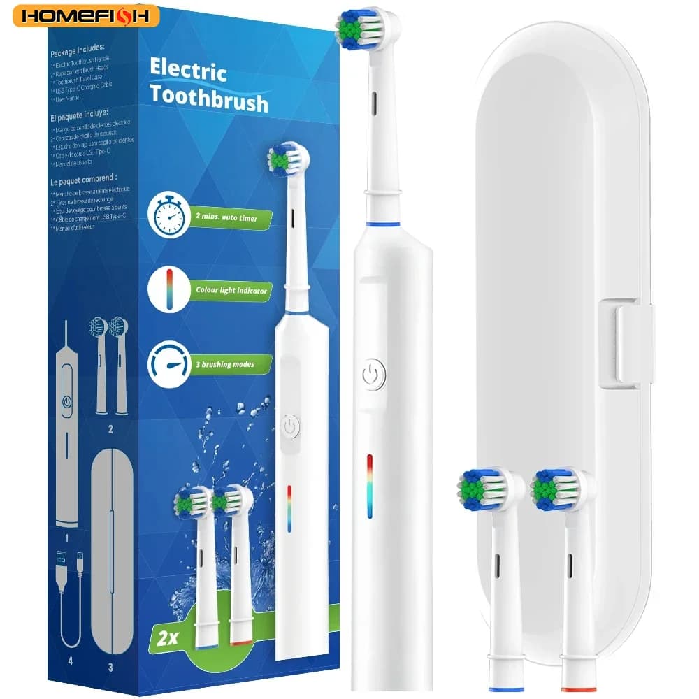 3 Mode USB Rechargeable Rotating Electric Toothbrush with Timer, Travel Case and 2 Heads