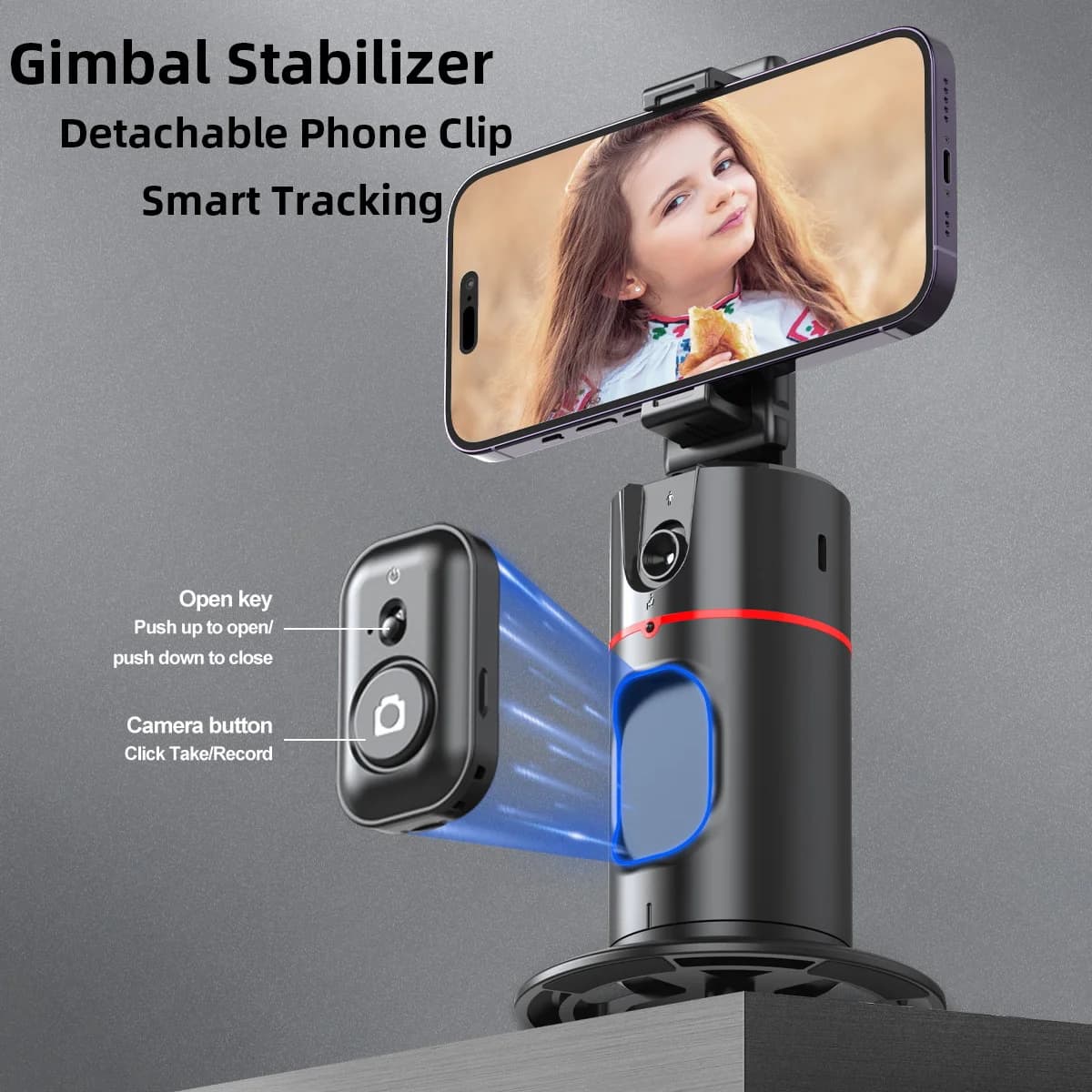 Bastone Selfie con Stabilizzatore, Tracciamento Automatico del Viso, Clip per Telefono Staccabile, Treppiede Wireless, Stabilizzatore Gimbal Portatile
