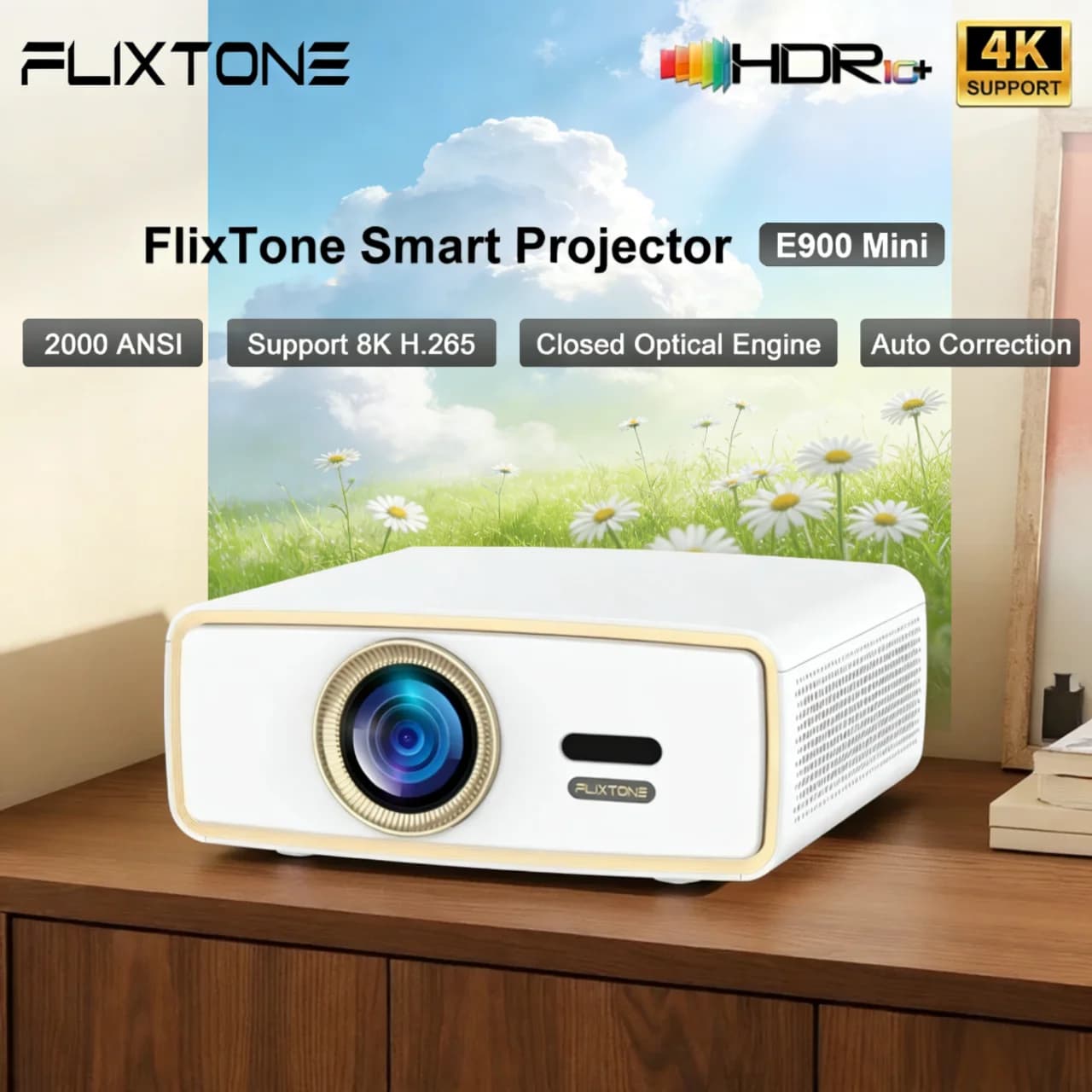Mini Proiettore Flixtone E900 Supporta Decodifica 4K, Mini TV Android Portatile con HDR10 per Home Theater, Adatto per il Campeggio