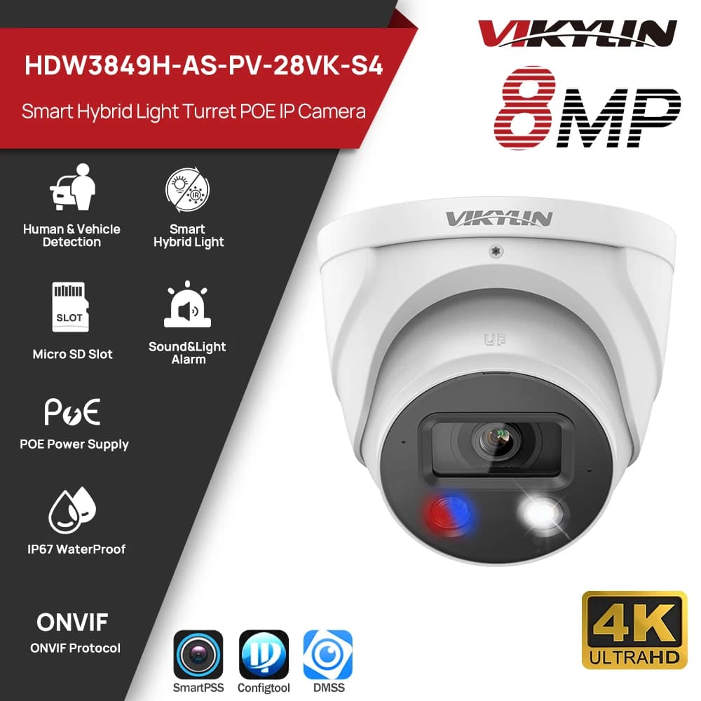 Telecamera IP di Sicurezza Esterna Vikylin 8MP 4K con Visione Notturna a Colori, Audio Bidirezionale, Allarme e Protezione Perimetrale