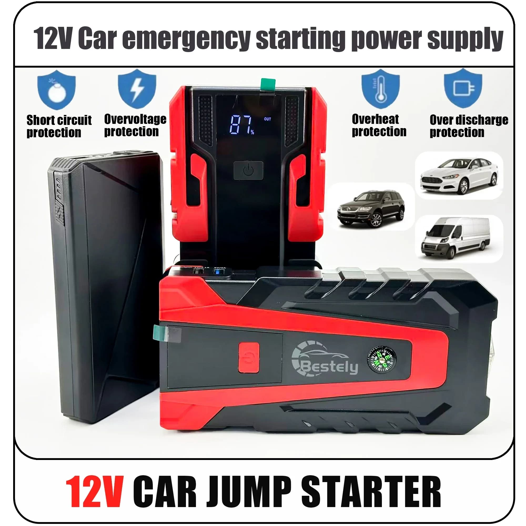 12v Car Battery Jump Starter, 12v Jump Starter Battery Pack 3000A Peak,Portable Jump Box with Full LCD Screen & LED Light & USB