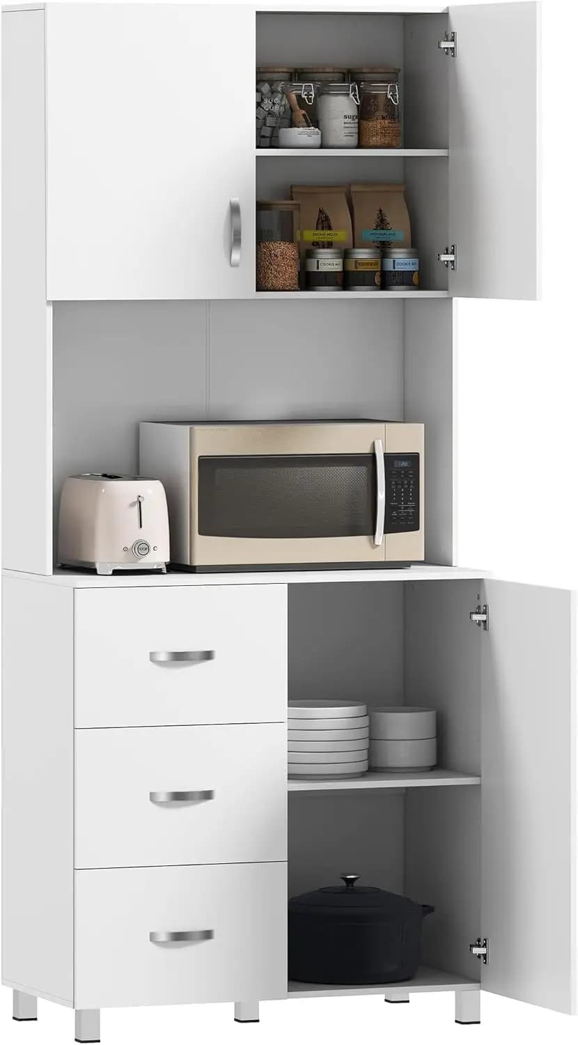 Dispensa da cucina indipendente con gabbia, 2 armadi, 3 cassetti, ripiani regolabili, organizer bianco
