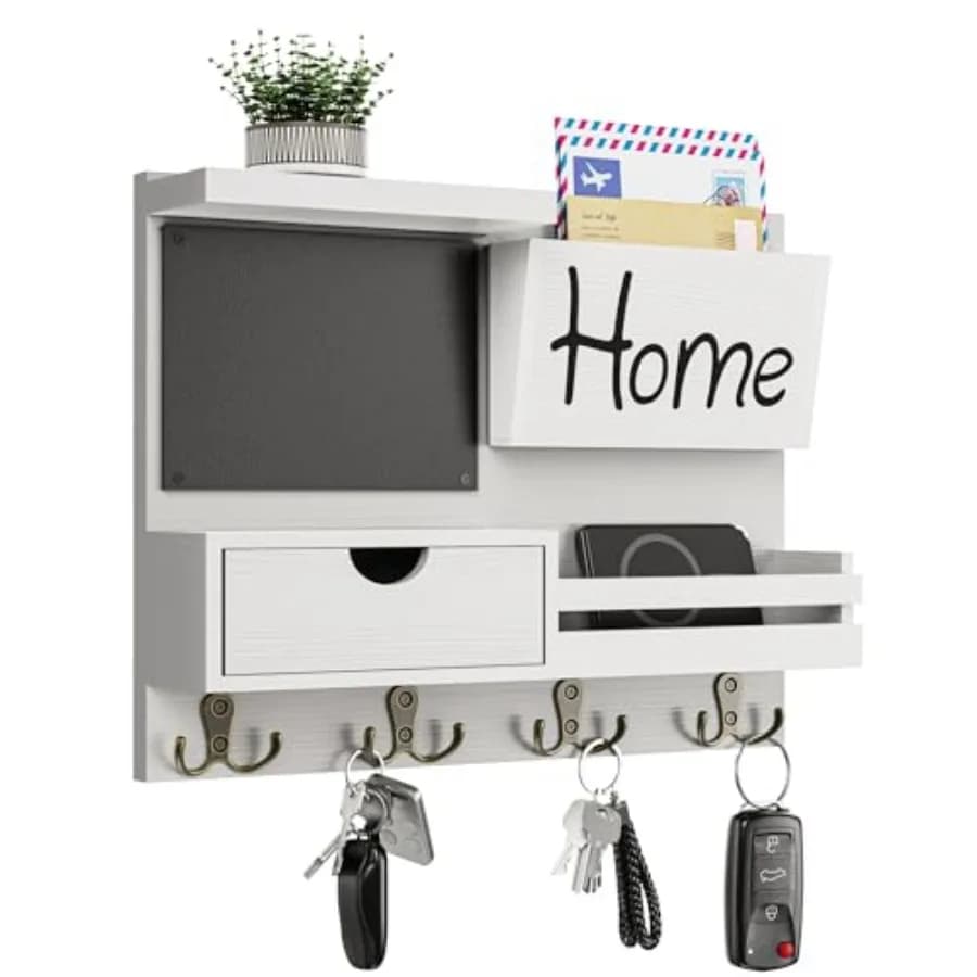 Portachiavi da Parete Stile Rustico con Organizzatore Posta - Organizzatore da Parete Facile da Installare Include Cassetto Lavagna e Portafoglio