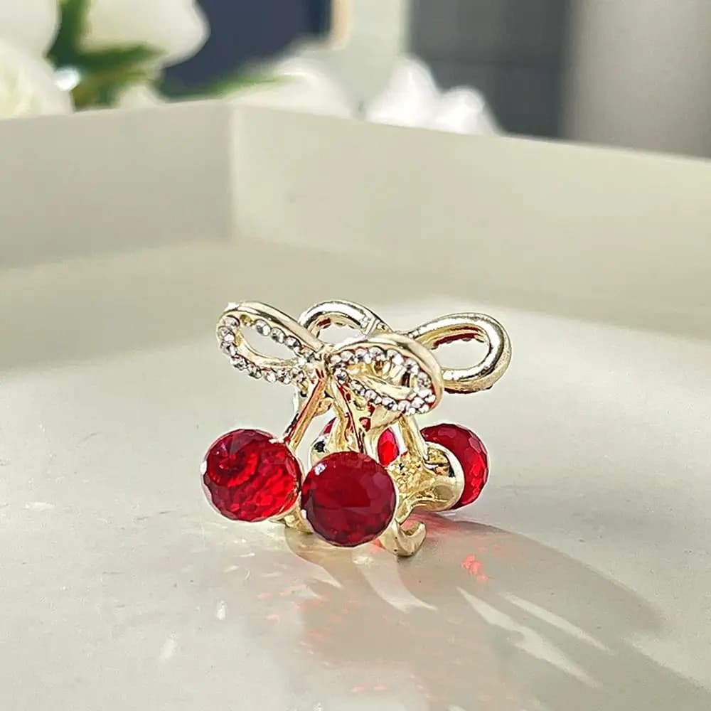 Mini Fermaglio per Capelli con Cristalli Rossi, Piccole Mollette per Capelli con Strass, Accessorio per Capelli Stile Coreano, Fermaglio a Ciliegia, Accessori per Capelli Femminili