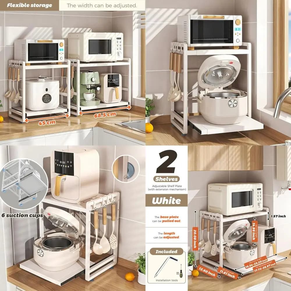 Supporto per Microonde a 2 Livelli Regolabile in Altezza con Ganci e Ventose Rinforzate - Facile Montaggio, Bianco