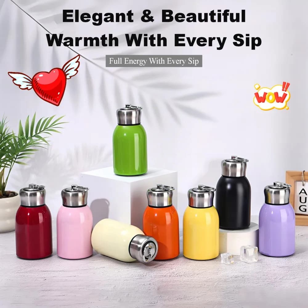 Bottiglia d'Acqua Isolata Sottovuoto a Doppia Parete 300ML 10oz, Tazza Termica in Acciaio Inox con Anello di Sollevamento Mini per Viaggi e Auto