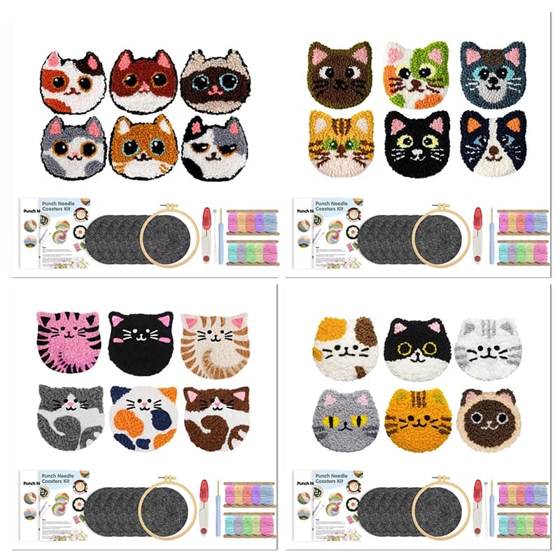 6PCS Cute Cat Punch Needle Coaster Kit Easy DIY Punch Needle Embroidery Kit for Beginners Adults Coaster Holder Art Craft