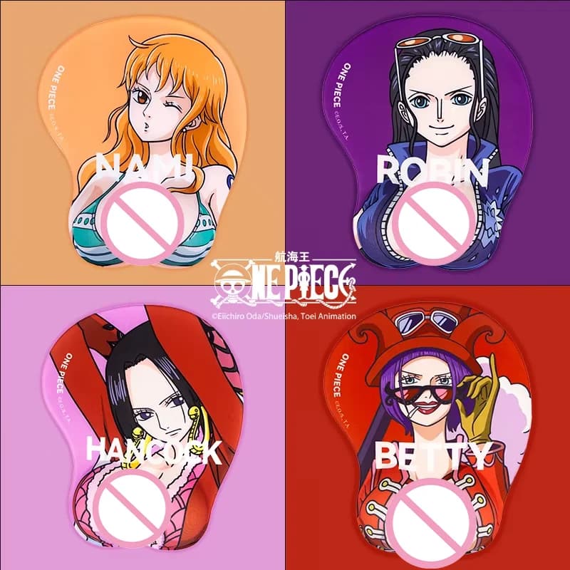 1 tappetino per mouse ufficiale ONE PIECE (Nami / Robin / Hancock / Betty) con poggiapolsi 3D. Design in silicone, base antiscivolo.