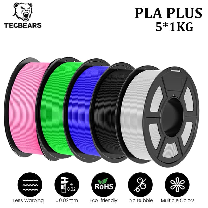 Filamento per Stampante 3D TECBEARS 5KG PLA Plus, PLA+ 1.75mm Senza Bolle, Confezionamento Sottovuoto, Avvolgimento Ordinato per Stampanti 3D e Penne 3D