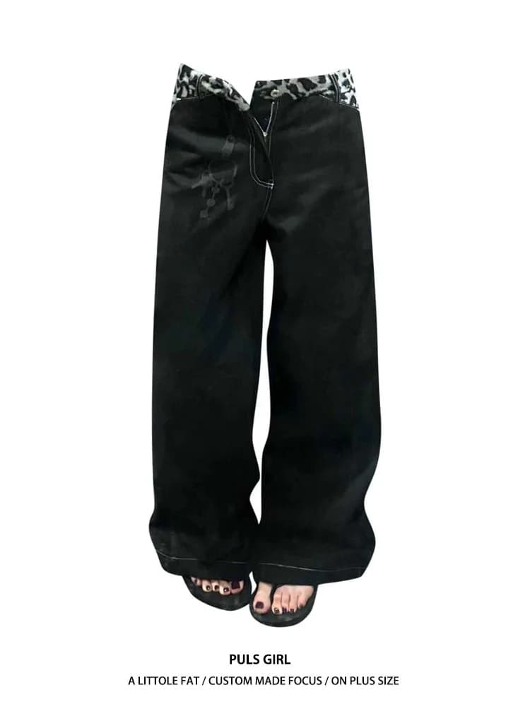 Jeans da Donna Oversize Stile Americano con Stampa Leopardata e Patchwork, Pantaloni Larghi Casual a Gamba Larga