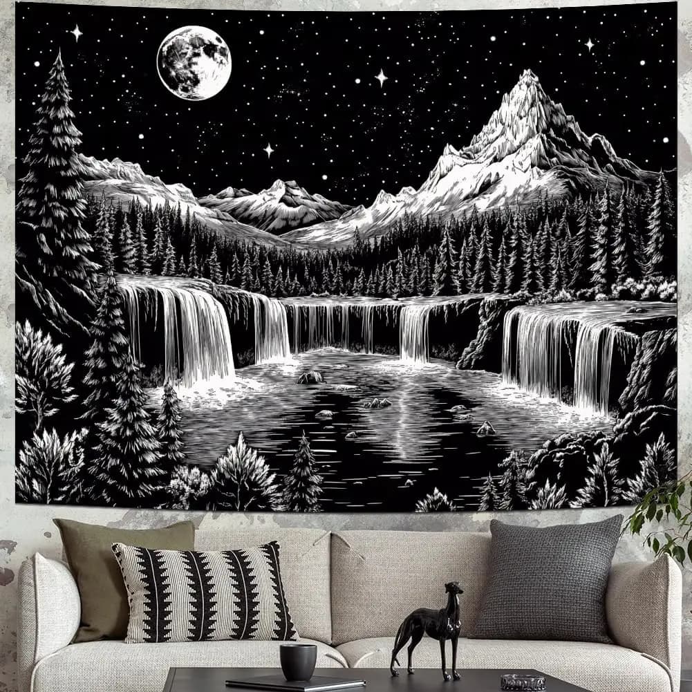 Black and White Tapestry Starry Night Mountain Tapestry Aesthetic Moon Wall Tapestries Galaxy Space Tapestries Wall Hanging for