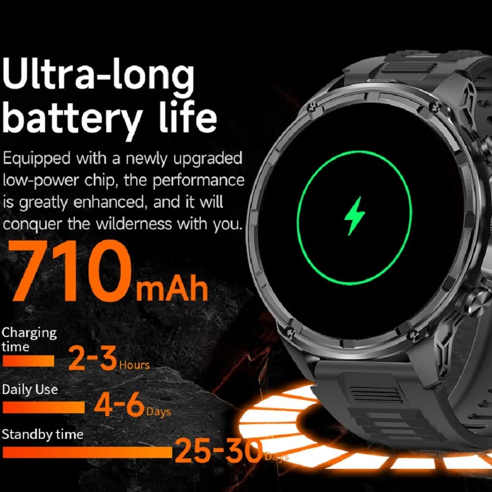 Smartwatch da Esterno con Torcia, Monitoraggio Frequenza Cardiaca e Salute, Impermeabile, Chiamate, Orologio Intelligente per Uomo e Donna, 710mAh, Musica, Sport