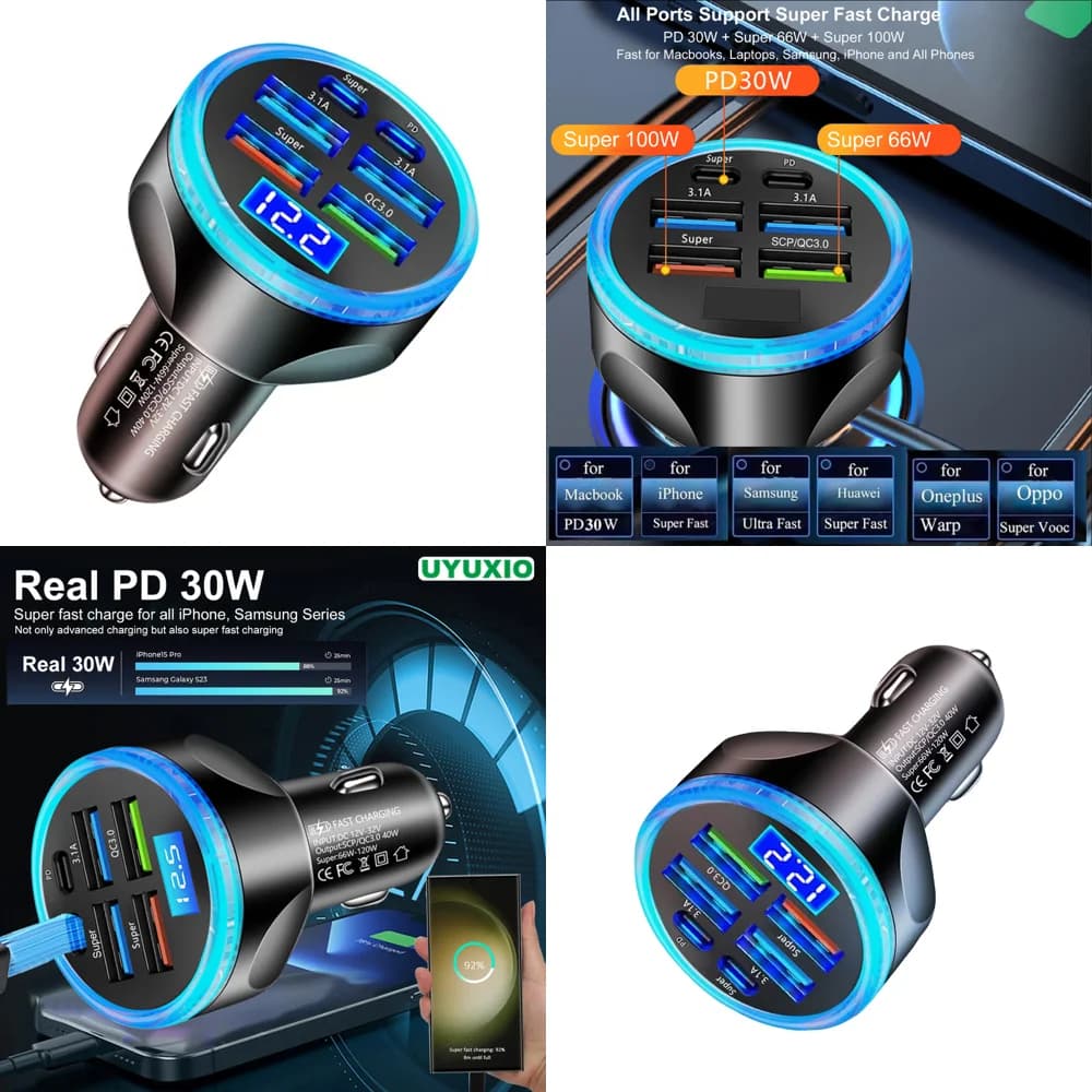 Caricabatterie da Auto USB C 6 in 1 a Ricarica Rapida PD 30W con Voltmetro, Adattatore Multi-Porta con Display di Tensione per iPhone Samsung
