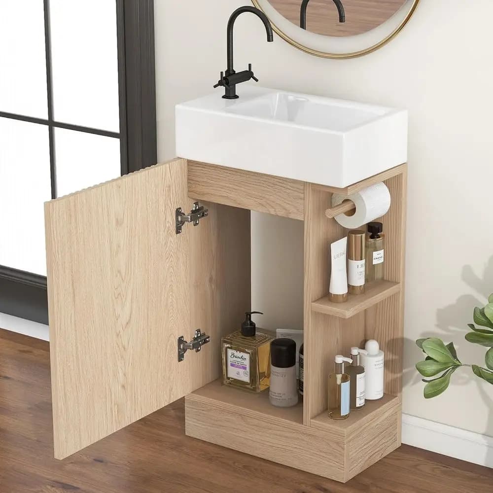 18.6 Natural Wood Double Sink Vanity with Toilet Paper Holder and Adjustable Shelves