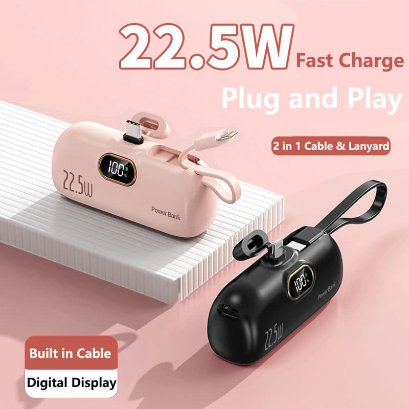 Mini Capsule Power Bank with Type C Cable Plug 22.5W Fast Charging External Battery Powerbank For iPhone Samsung Xiaomi Huawei