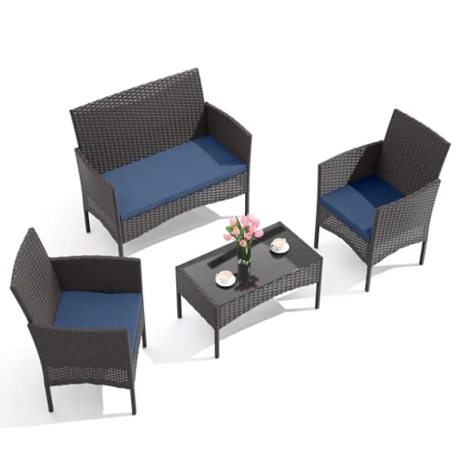 Set di Mobili da Giardino in 4 Pezzi, Sedie e Divano in Rattan Blu Navy con Cuscini e Tavolino in Vetro per Cortile e Giardino
