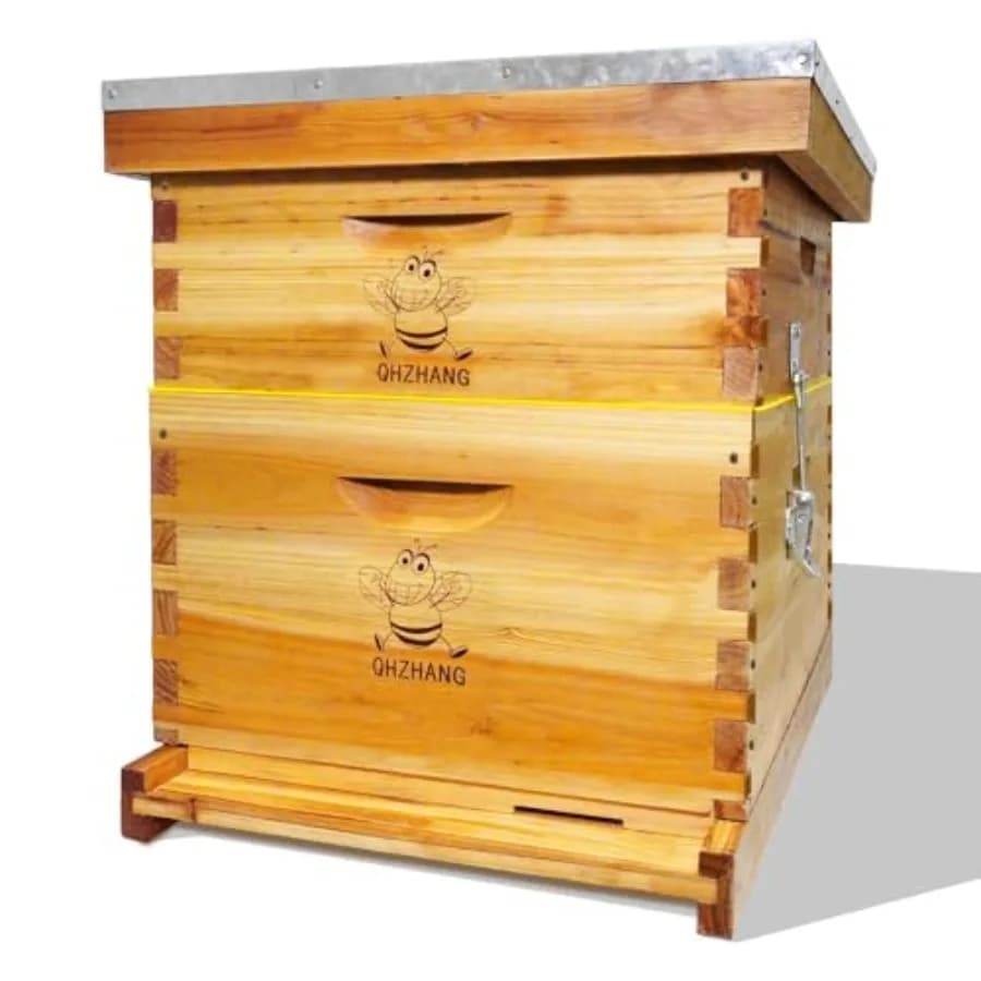 Kit per apicoltura principianti: Arnie Langstroth a 10 telaini (1 profonda + 1 media) in legno naturale beige, include fondazione in legno cerato.