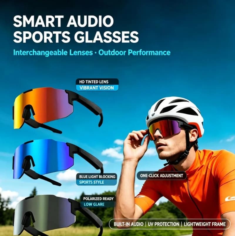 Smart Audio Sports Sunglasses Bluetooth Headset Glasses with Interchangeable Lenses UV Protection Lightweight Cycling Sunglasses