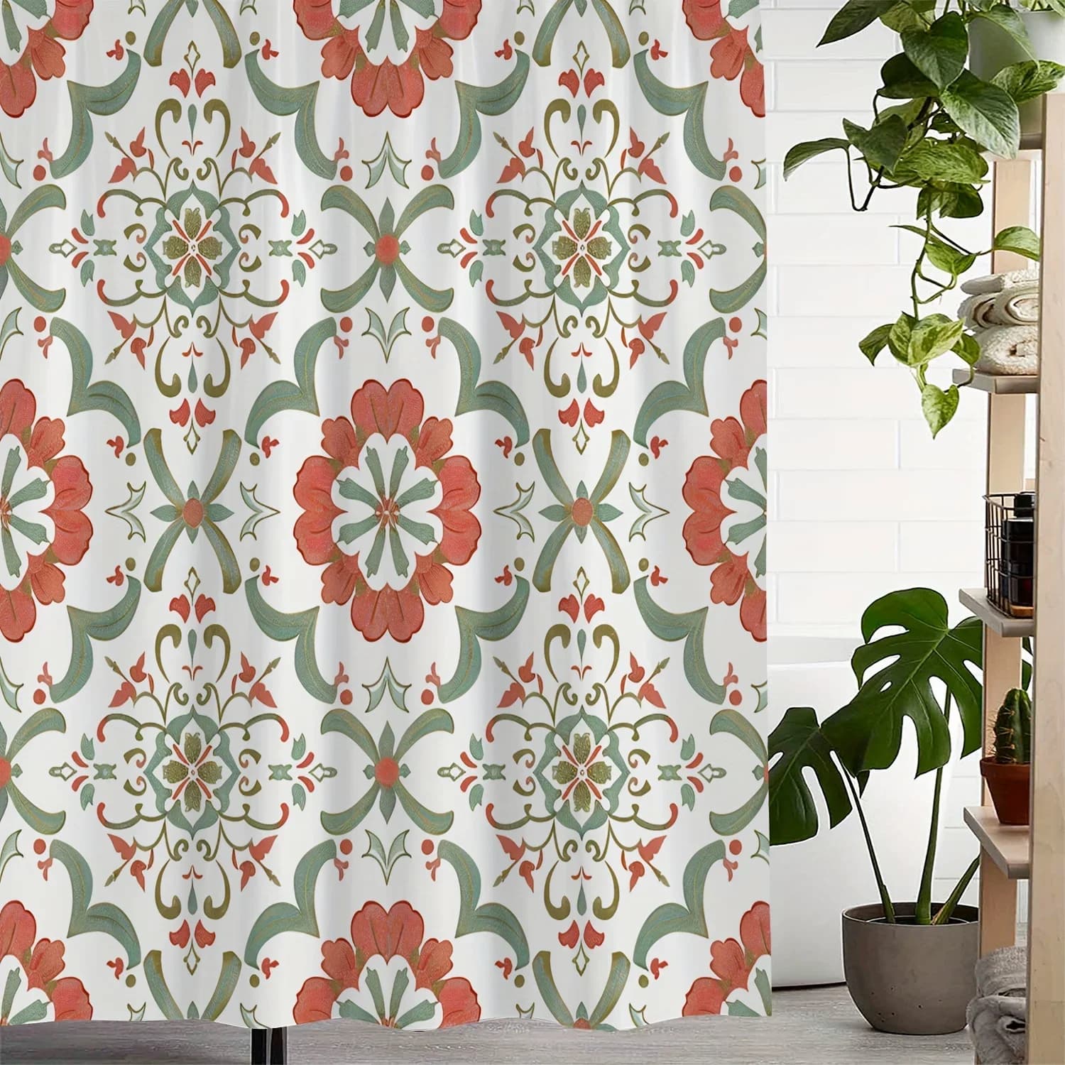 Tenda da doccia con stampa mandala con motivo floreale poligonale vintage in un unico pezzo, tenda per finestra con tenda a 12 ganci per finestre