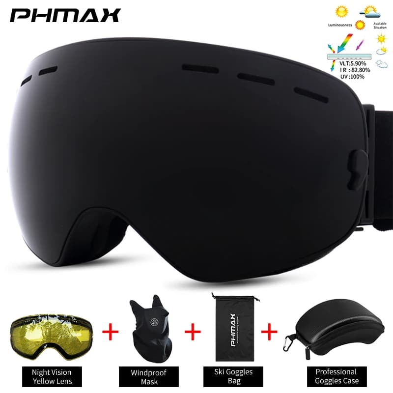PHMAX Occhiali da sci neri OTG Occhiali da neve antiappannamento Telaio in TPU Protezione UV Occhiali da snowboard per uomini Donne Adulti Giovani Regalo fantastico