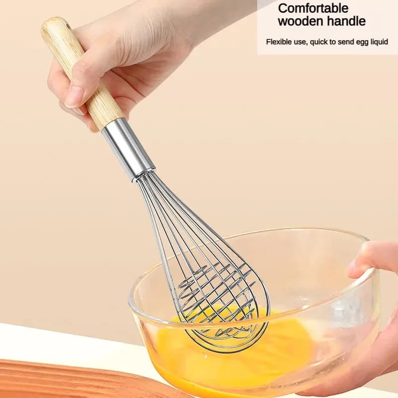 1 pz Frullino per le uova in acciaio inossidabile Miscelatore per panna Agitatore rotante Frusta per uova Manico in legno manuale Impastare la pasta Frullino per le uova rotante Bastone per mescolare