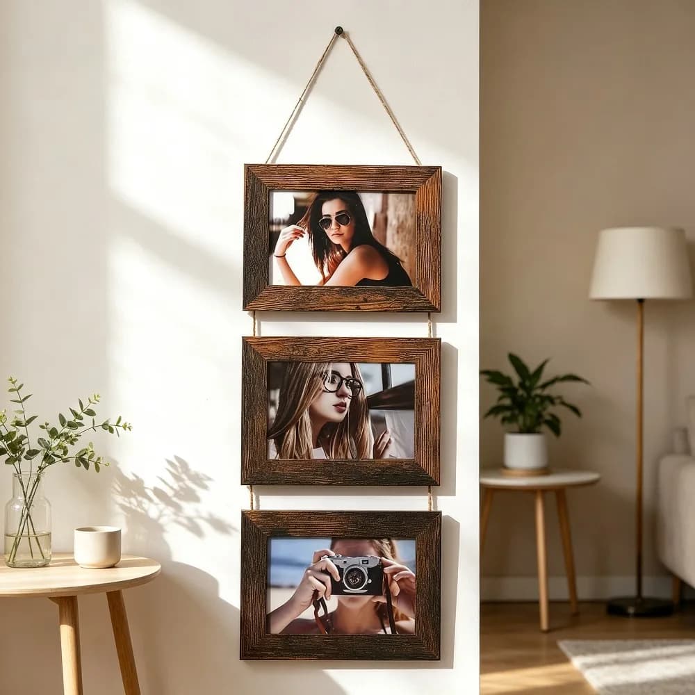 Wooden Hanging Collage Picture Frame Multi Panel Wall Mount Photo Frame Set Rustic Wood Linked Photo Holder for Family Portrait
