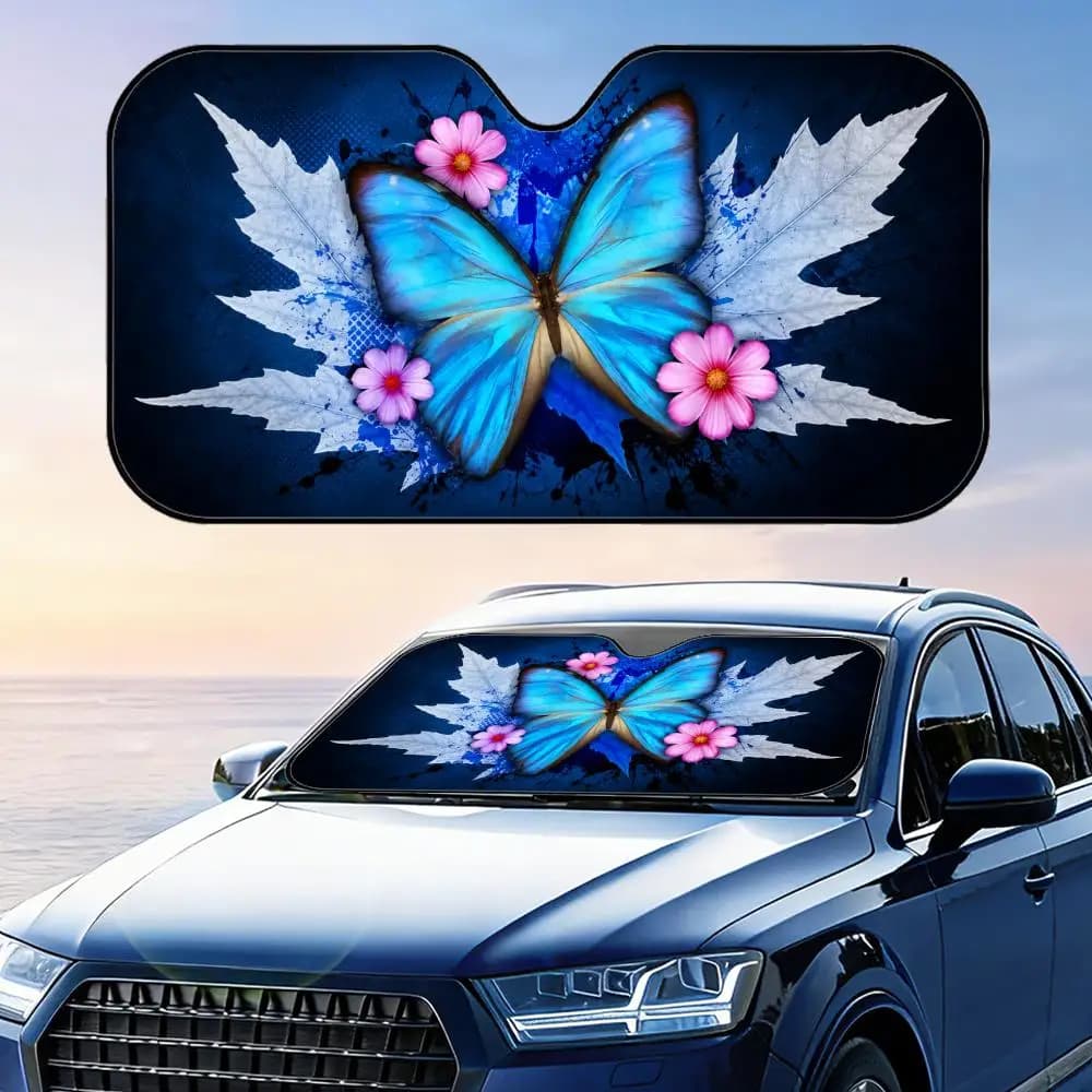 Blue Butterfly and Floral Sun Visor Foldable Car Windshield Sun Shade UV Protection Reflective Heat Insulation Reusable Cover
