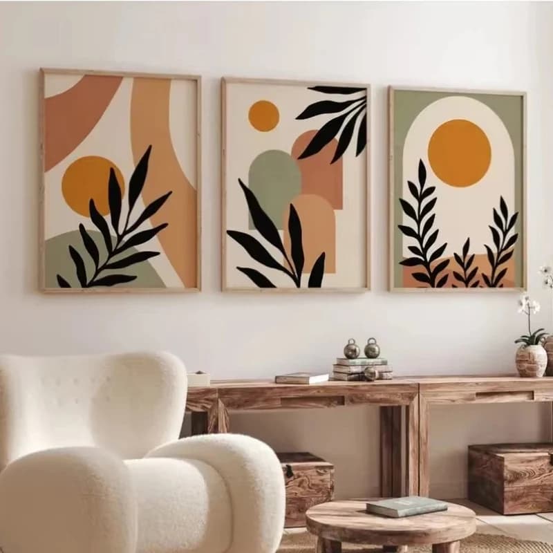 Quadro Astratto Bohemien Beige Verde Terracotta Stile Nordico Moderno con Foglie, Stampa Artistica per Camera da Letto