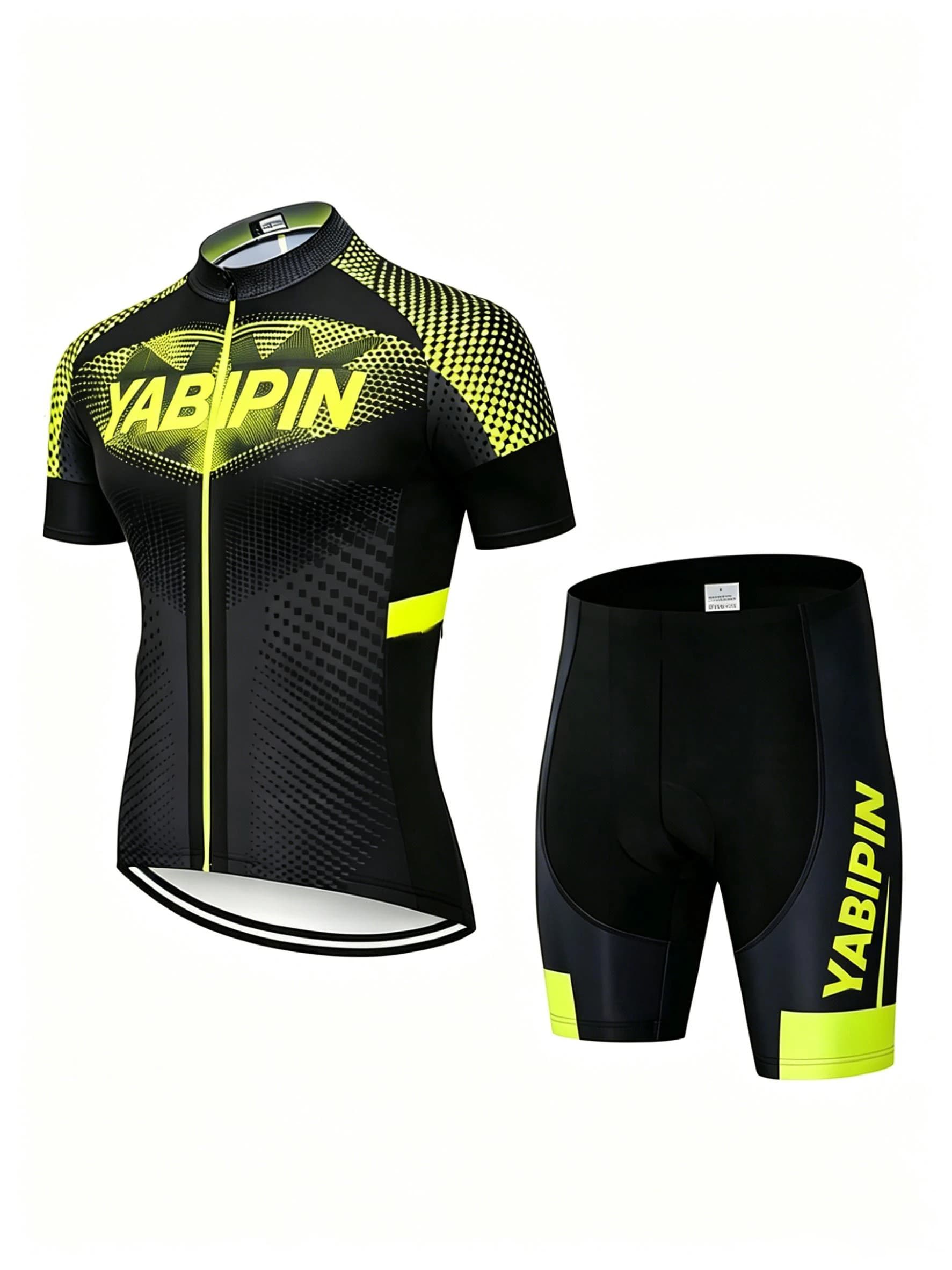 Set di maglie da ciclismo da uomo con stampa di lettere, tuta da ciclismo a maniche corte con colletto alto e zip intera, abbigliamento sportivo traspirante ad asciugatura rapida in 2 pezzi
