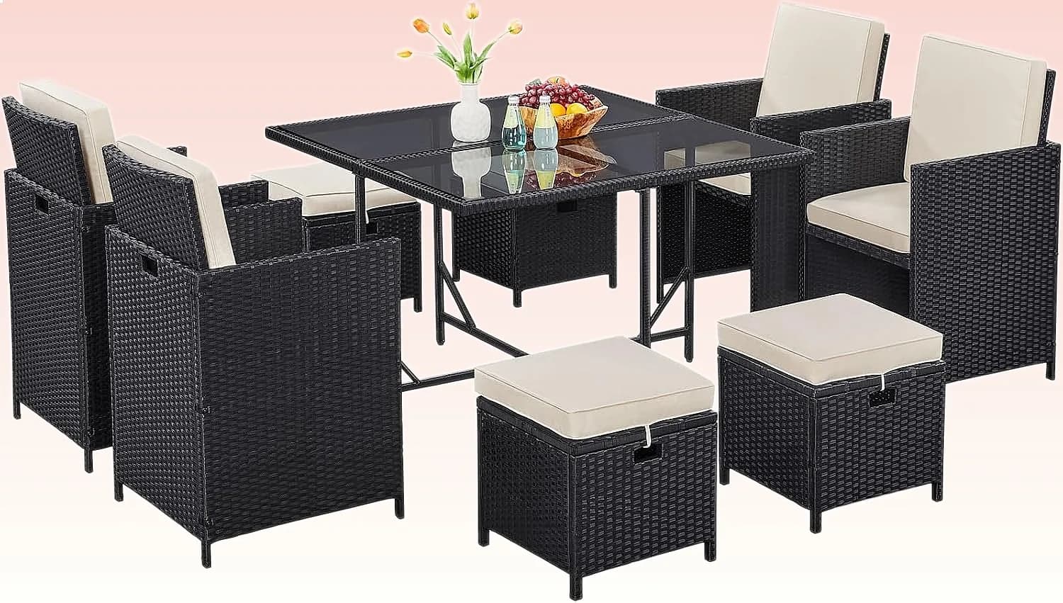 9-Piece Patio Dining Set Outdoor Rattan Chairs Glass Table Wicker Conversation Furniture with Removeable Cushions Black Beige