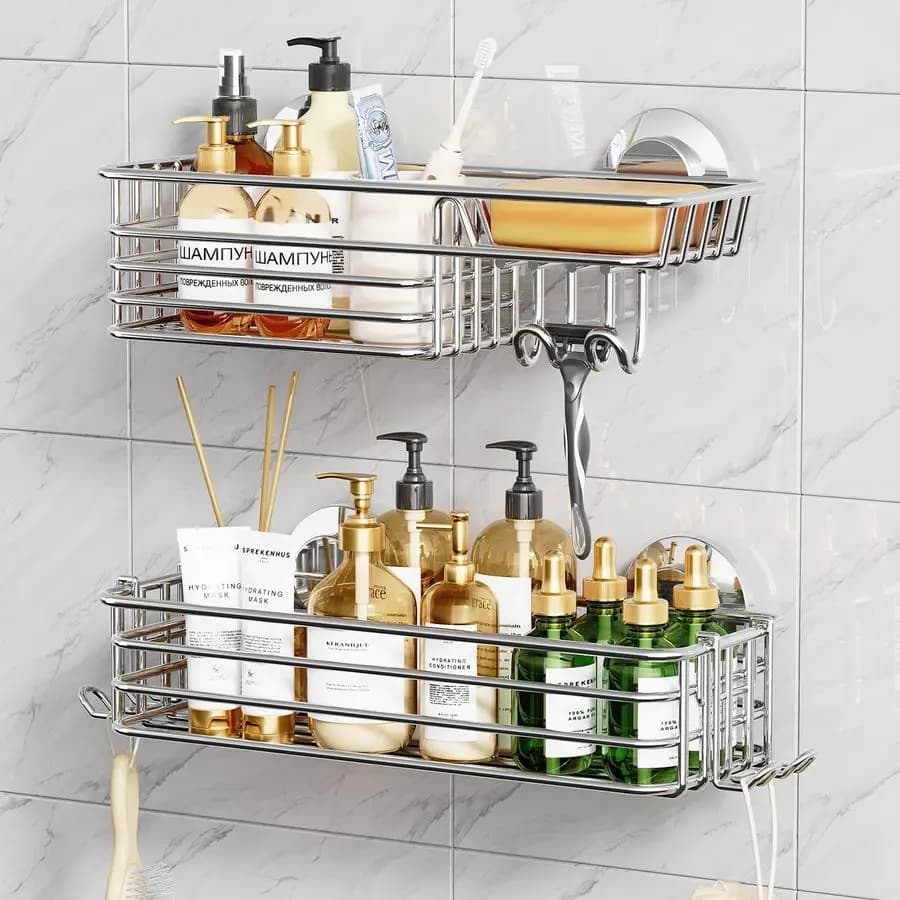 Confezione da 2 ventose per doccia con ganci e portasapone, organizer per doccia resistente per bagno, bagno argento senza perforazione