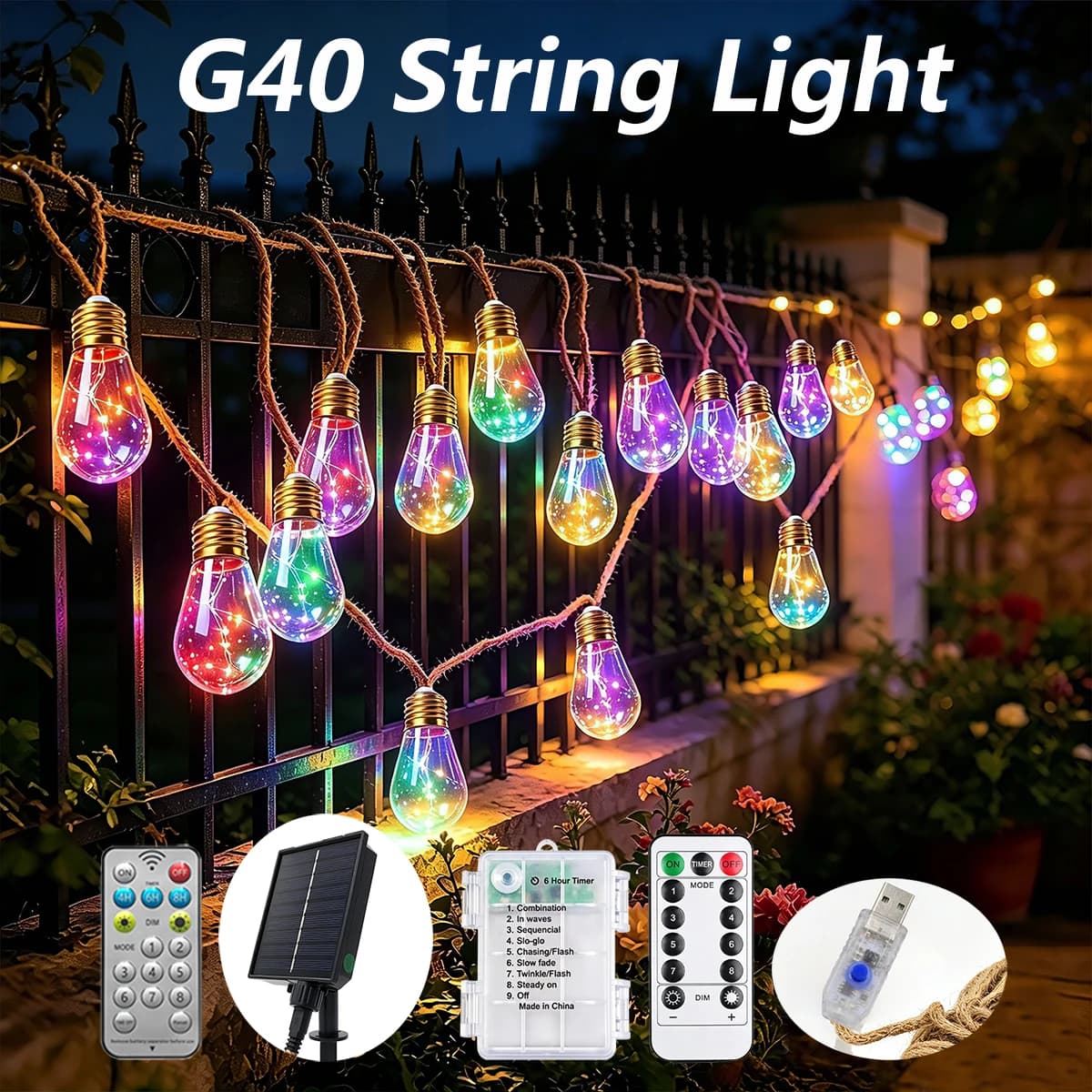 Solar Globe G40 LED String Light USB Battery Box Remote Waterproof Shatterproof Fairy Christmas Garden Birthday Party Decor Lamp