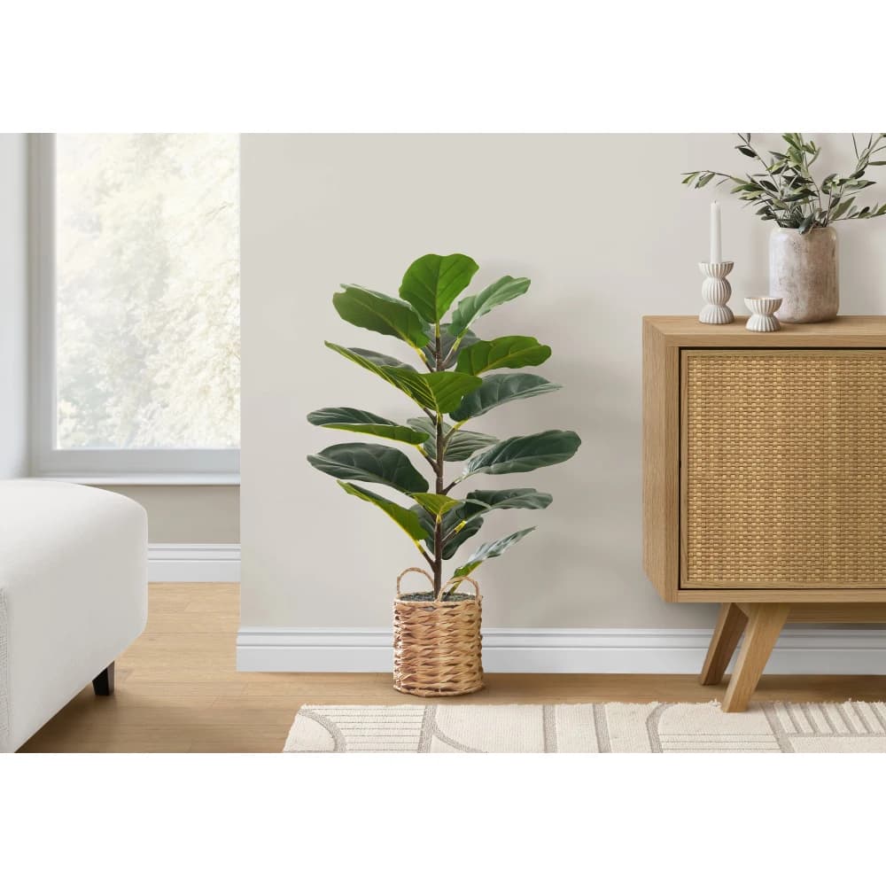 Artificial Plant, 28inch Tall, Fiddle Tree, Indoor, Faux, Fake, Floor, Greenery, Potted, Real Touch, Decorative, Green Leaves, Beige Woven Basket