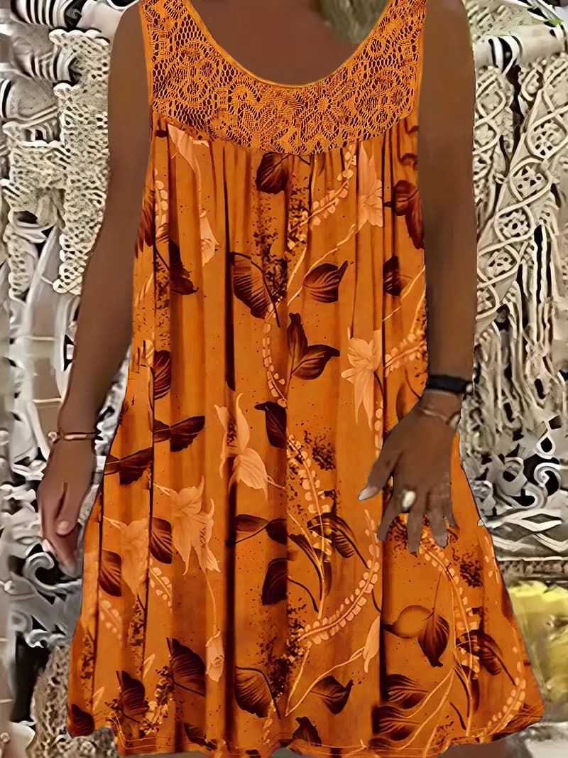 Plus size women's sleeveless round neck A-line dress with contrasting lace border floral print - knee length machine washable, c