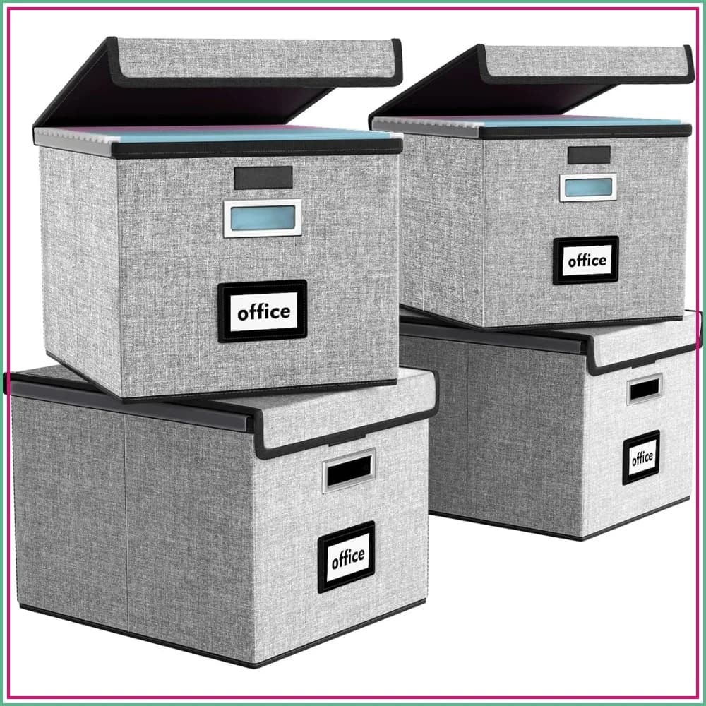 Collapsible File Organizer Box with Lids, 4-Pack Gray, for Letter/Legal Size Hanging Folders, Office Storage with Handles