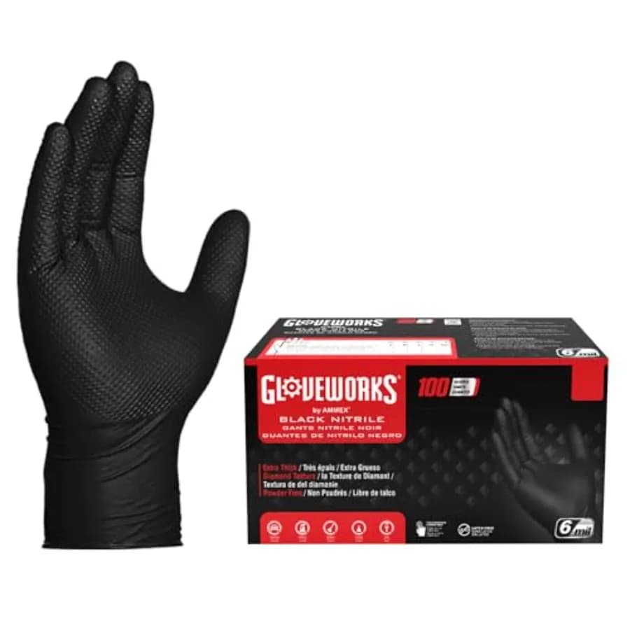 Guanti in Nitrile Nero GLOVEWORKS 6 Mil, Monouso, con Texture a Diamante in Rilievo, Senza Lattice, Sicuri per Alimenti, per Uso Industriale e Meccanico