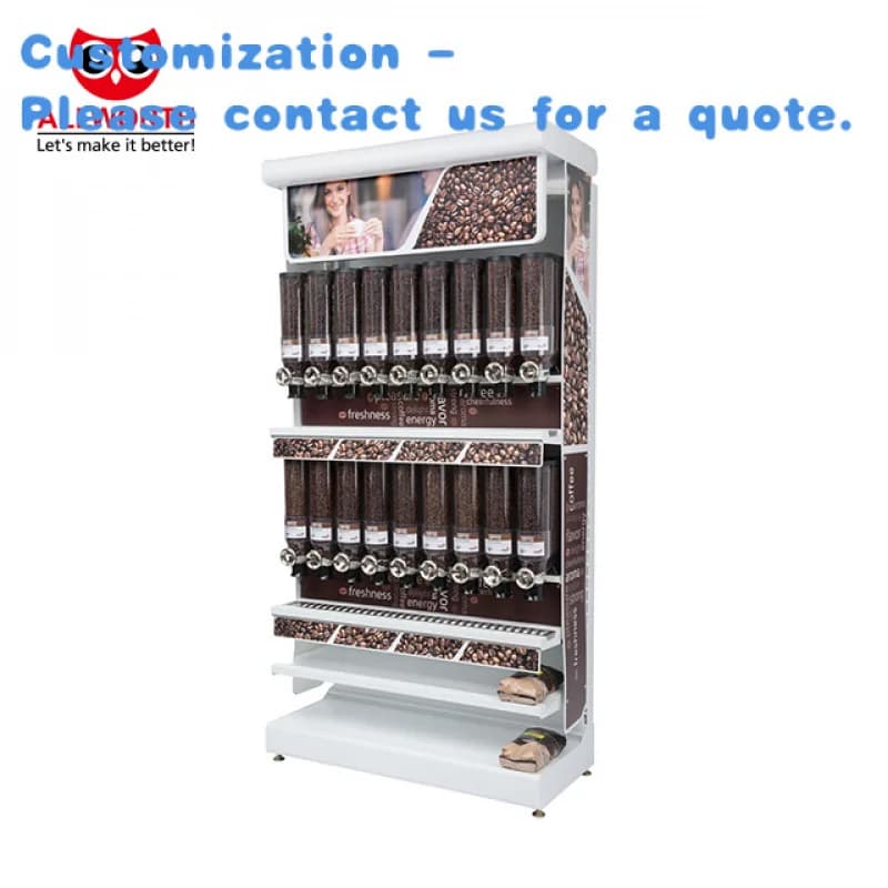 personalizzato. Espositore in metallo per negozi di dispenser per alimenti sfusi con scatole di noci, chicchi di caffè, caramelle