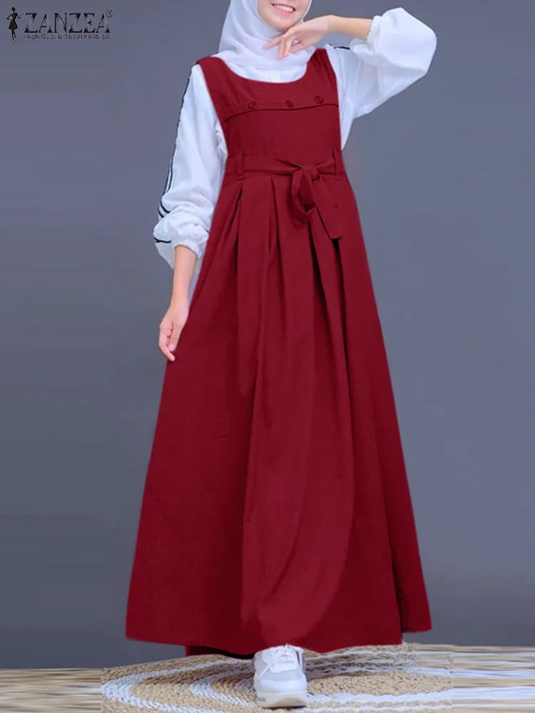 ZANZEA fashion woman Dubai Turkish Abaya sunbathing Robe Sleeveless Islamic clothing Muslim solid long dress Casual caftano Dress