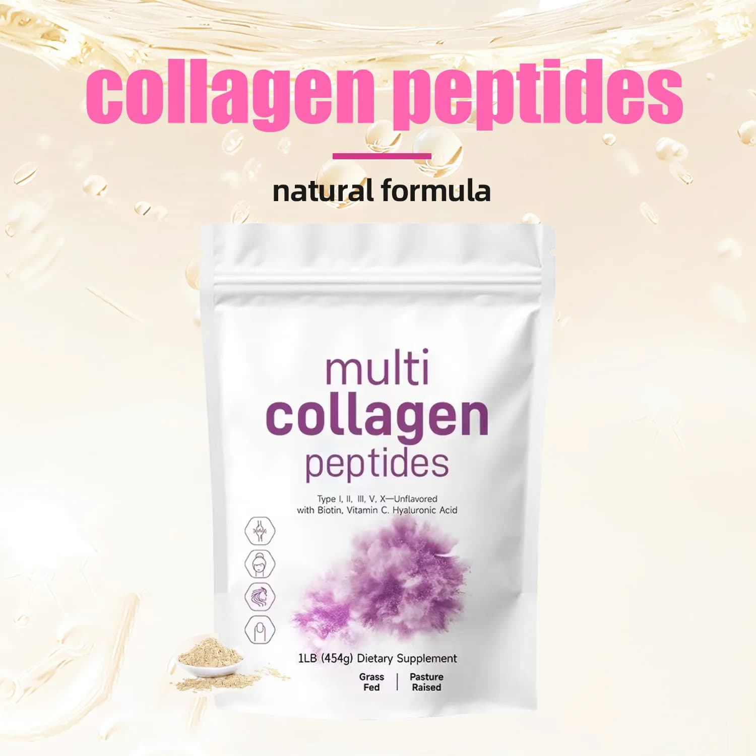 Integratore Proteico in Polvere Multi Collagene 454G con Peptidi di Tipo I, II, III, V, X, Acido Ialuronico e Vitamina C per Facile Assunzione