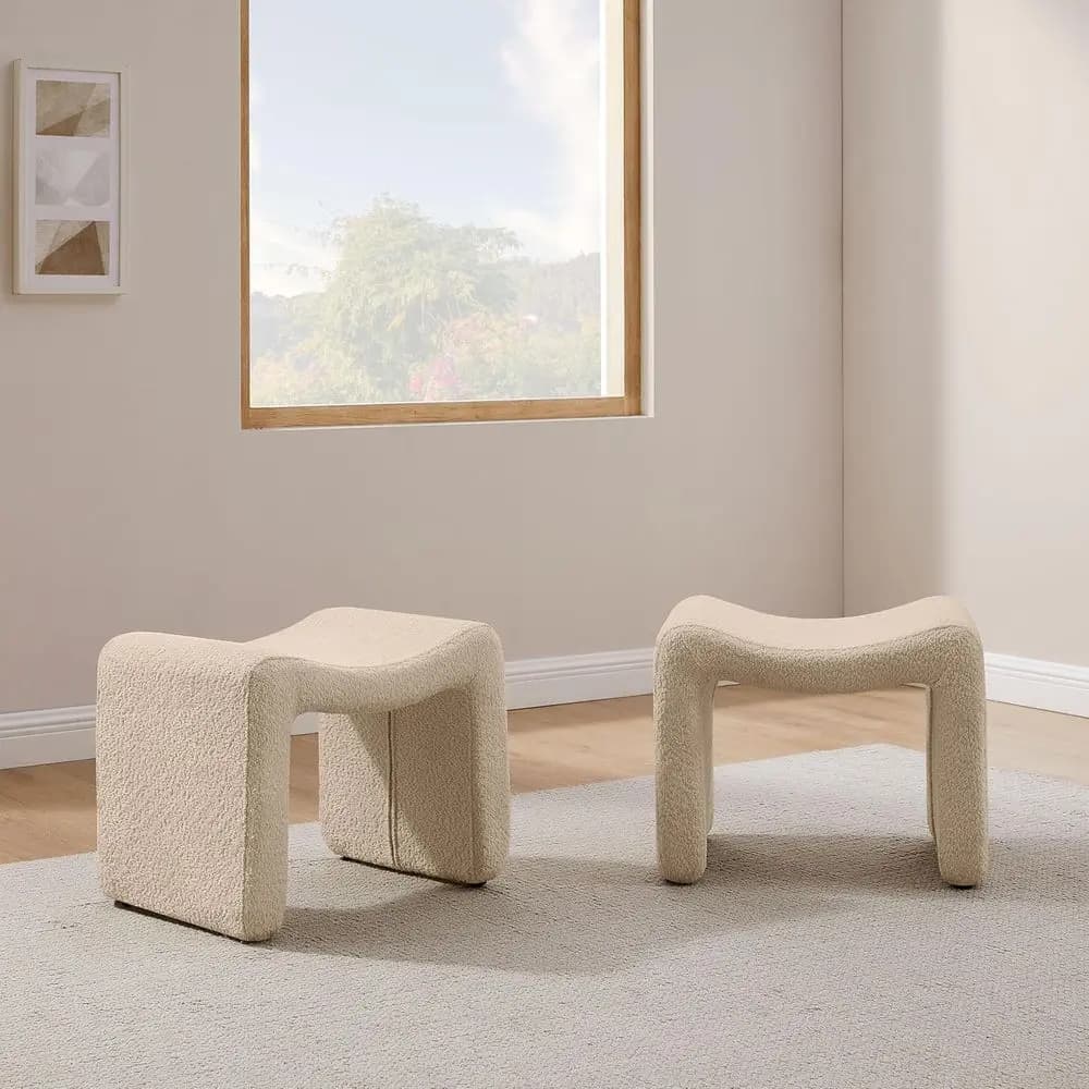 Boucle Ottoman, Vanity Stool, Wooden Legged Footrest, Additional Seating, Ideal for Makeup, Living Spaces, Entryways, Set of 2,