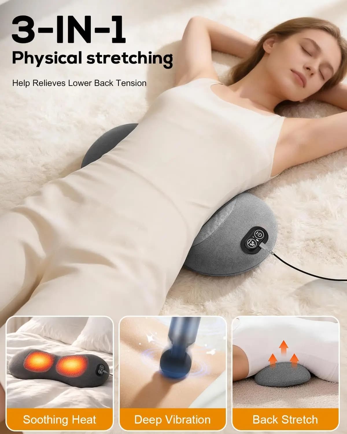 Massaggiatore Schiena 3in1, Massaggiatore Schiena Triple Fusion con Calore, Vibrazione e Stretching, Cuscino Lombare con Memory Foam per Letto