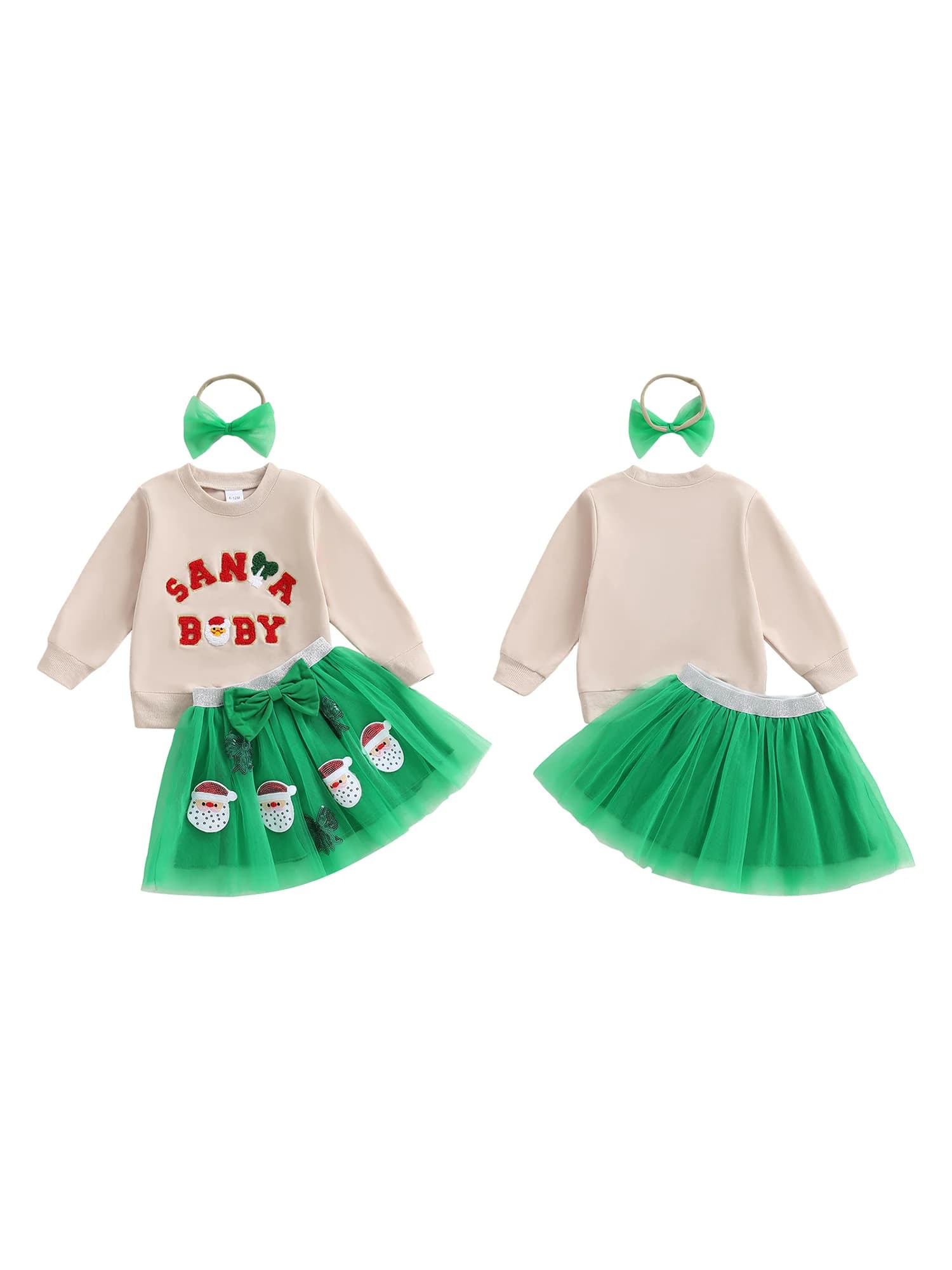 Christmas dress for girls with embroidered letters, long sleeve sweatshirt, tulle skirt and hair band with bow - 3 pieces