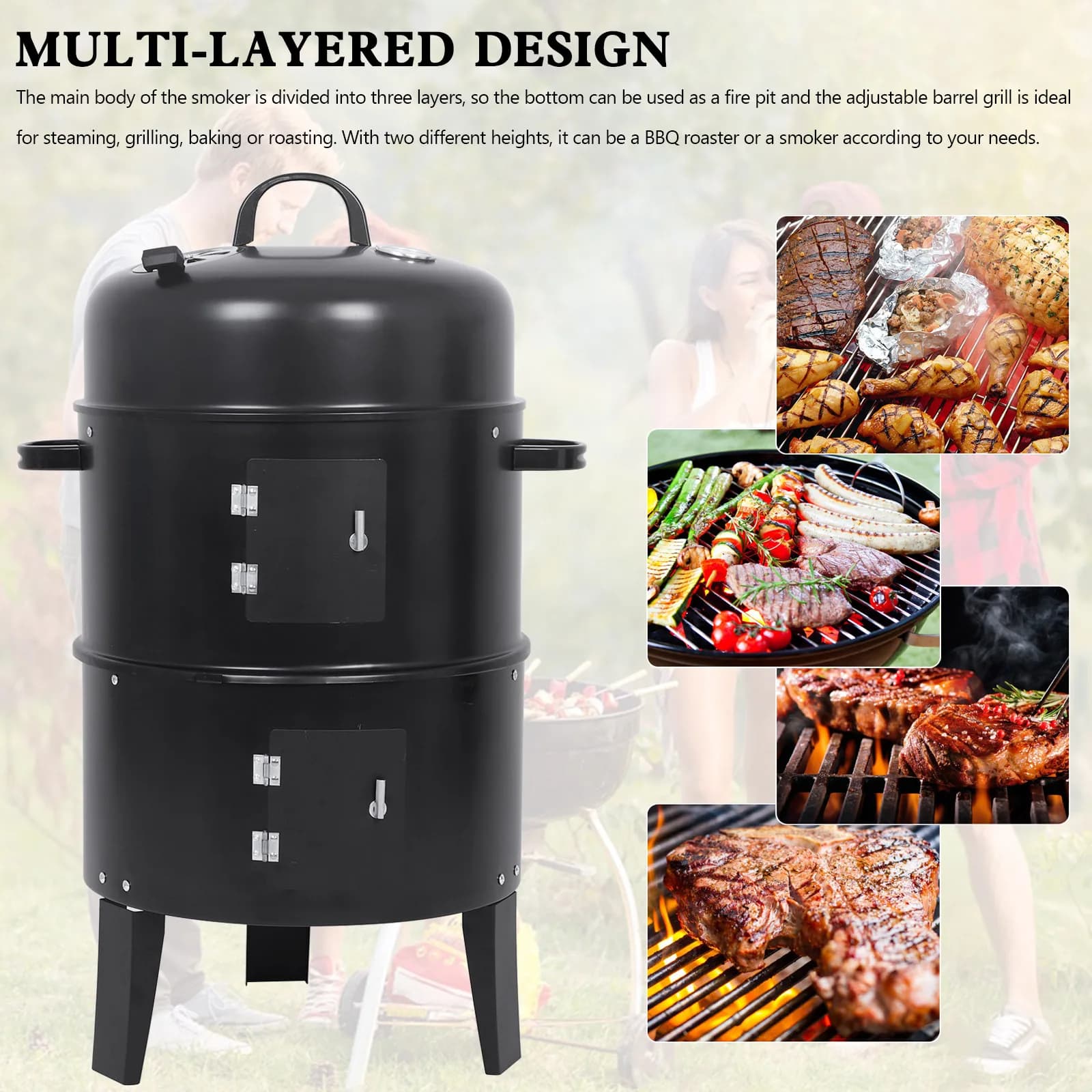 Griglia per affumicatore a carbone verticale 3 in 1, barbecue portatile staccabile con termometro, fornello esterno multistrato per arrostire