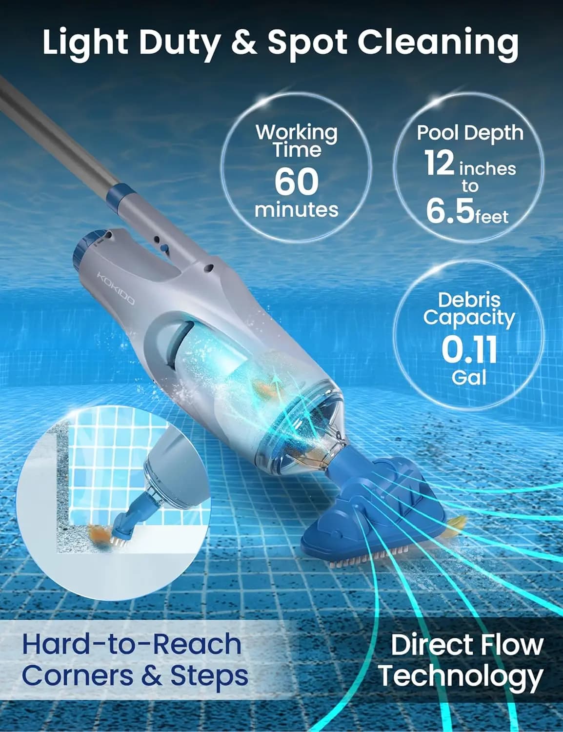 (Aggiornamento 2025) Aspirapolvere portatile ricaricabile per piscina con doppie testine e palo in alluminio, aspirazione per pulizia spot senza fili da 60 minuti