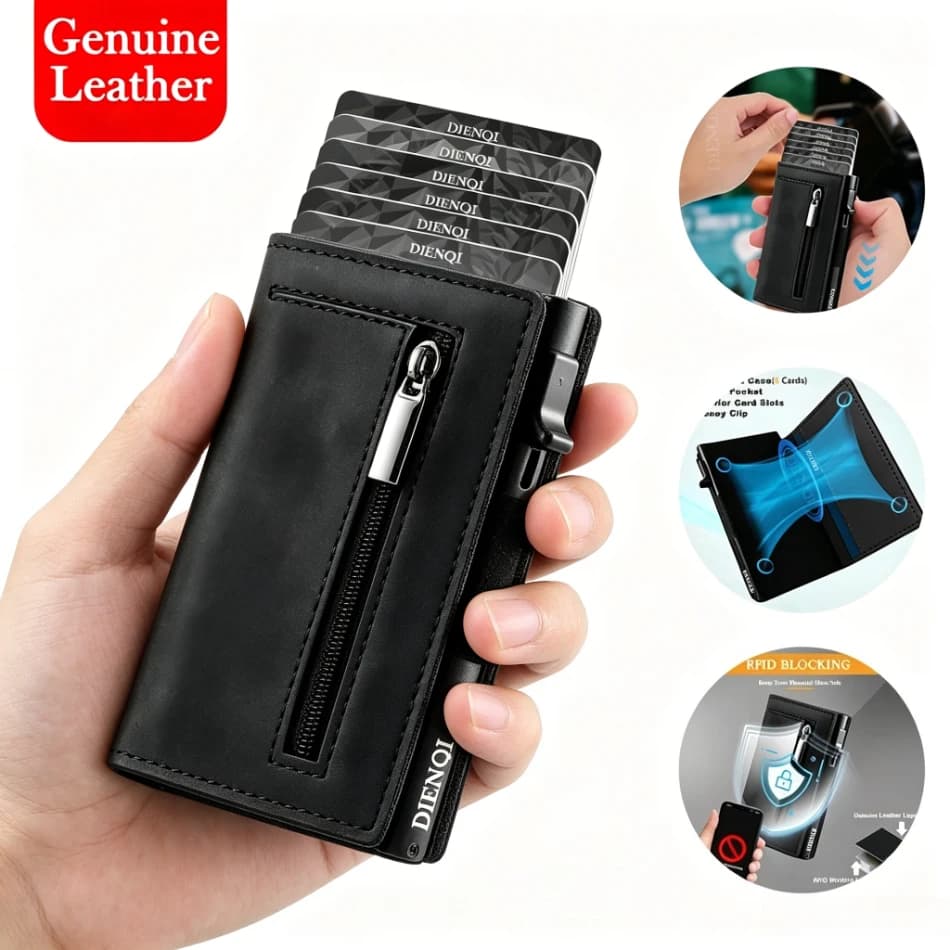 Genuine Leather RFID Blocking Card Holder for Men, Quick Release Card Holder Slim Anti-Scan Design Ideal for Travel & Daily Use